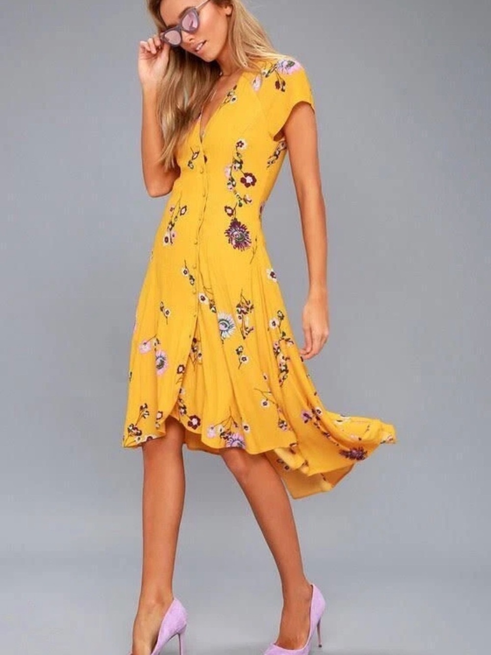 Free People Lost In You Floral Button-Front Midi Dress in Mustard - Picture 3 of 10